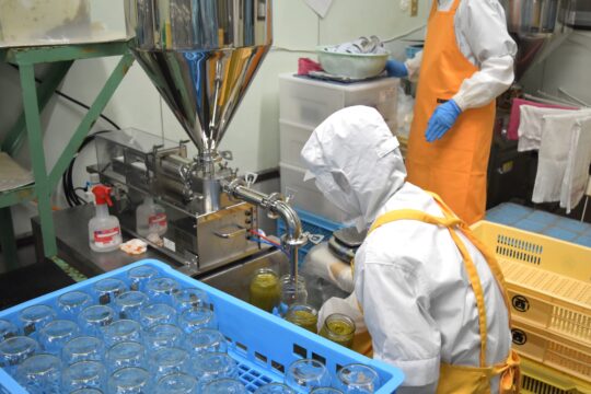 ピストン充填機で柚子胡椒の瓶詰め作業を行っています。